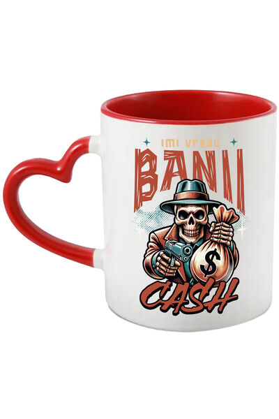 StoryGift Romania Cana cu Craniu uman Mafiot Cu Sac de Bani Si arma, Text imi Vreau Banii Cash, Ce, Cu Maner Negru