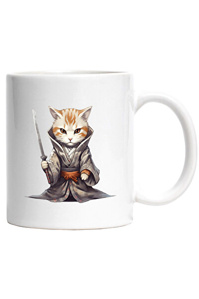 StoryGift Romania Cana cu o pisica in vestimentatie de samurai | tine o katana | luptatoare | furi, Cu Maner Alb
