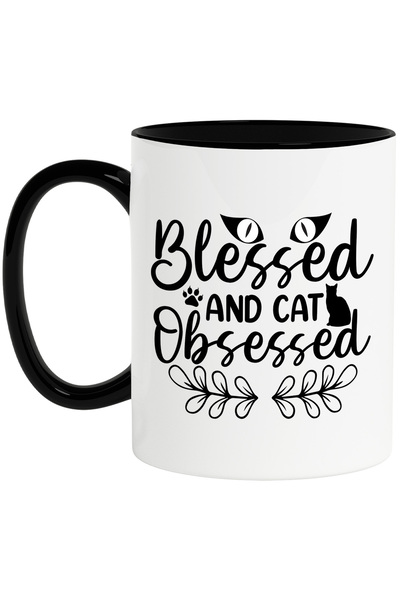 StoryGift Romania Cana pentru iubitorii de pisici cu mesajul in engleza "Blessed and cat obsessed", Cu Maner Negru
