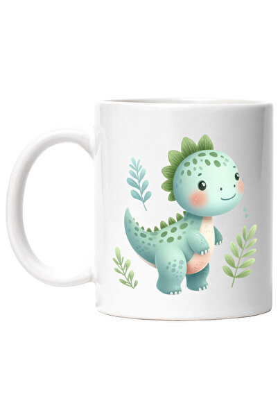 StoryGift Romania Cana cu un pui de dinozaur verde, ilustratie, plante, curio...