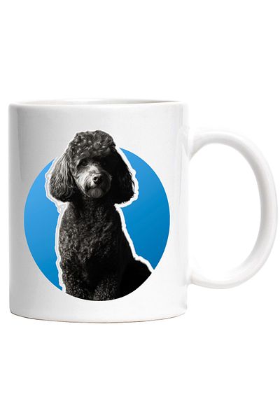 StoryGift Romania Cana cu Portret Caine Fundal Albastru, Rasa Pudel, Catel, Pufos, Blana Neagra, I, Cu Maner Alb