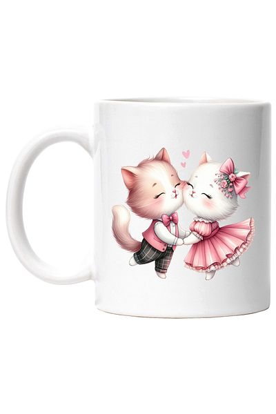 StoryGift Romania Cana cu o pisicuta si un motan | ilustratie | relatie | prietenie | rochie | fer, Cu Maner Alb