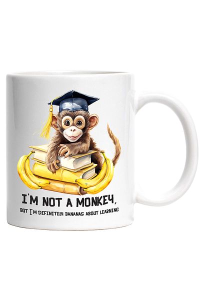 StoryGift Romania Cana cu o maimutica vesela care are carti si banane | ilustratie | palarie de ab, Cu Maner Alb