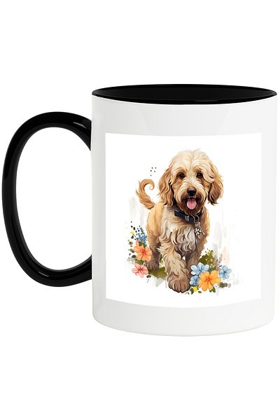 StoryGift Romania Mug with a cheerful puppy, illustration, playful, happy, popcorn, outside, collar, With ,STG