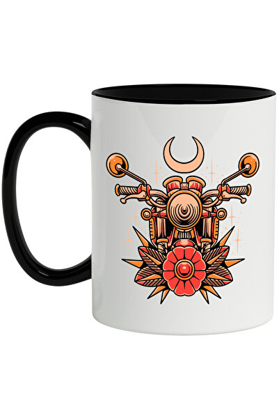 StoryGift Romania Cana Cu Motocicleta, Luna, Stele, Floare, Tepi, Frunze, Multicolor 330 ml, Ceram, Cu Maner Negru