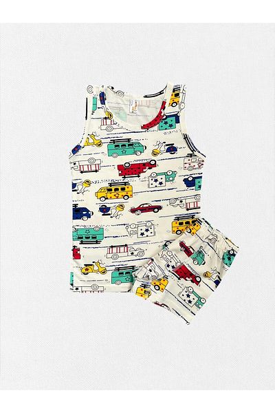 elmas kids Boy's 100% Cotton Cars Motor Minibus Patterned White Undershirt Boxer Set with Net Part Stitching
