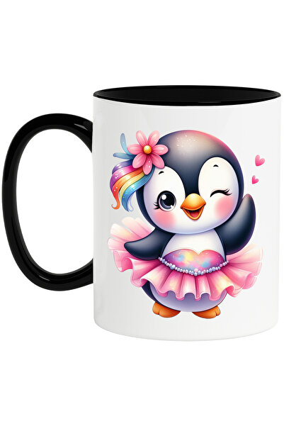 StoryGift Romania Cana cu un pinguin vesel, ilustratie, fustita, roz, inimioa...