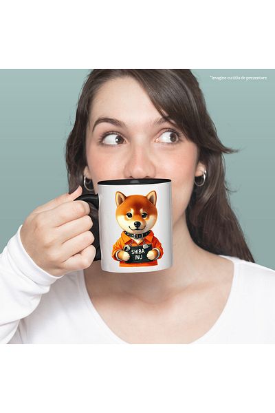 StoryGift Romania Mug with a Shiba Inu puppy in prison, illustration, collar, prisoner uniform,, With