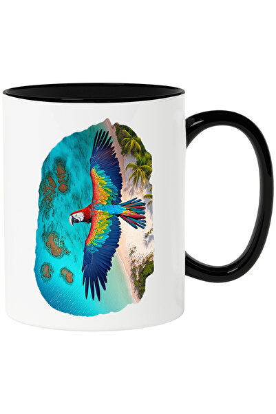 StoryGift Romania Cana cu Portret Papagal Frumos, Specia Scarlet Macaw, Papagal Zburand peste Insu, Cu Maner Negru