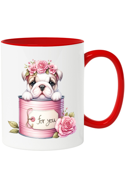 StoryGift Romania Cana cu un catel putin trist care iese dintr-o conserva | ilustratie | flori | m, Cu Maner Rosu