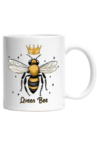 StoryGift Romania Mug with a bee with a crown and stars around it with the message "Queen Bee", queen of, with a white handle