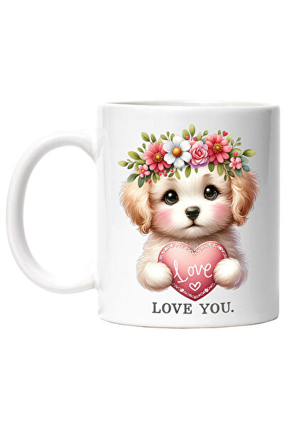 StoryGift Romania Cana cu un catelus care tine o inimioara pe care scrie "Lov...