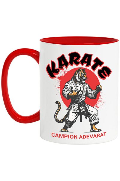 StoryGift Romania Mug with Tiger in Martial Arts Costume Karate Contact Fighting Motivational Like, With Red Handle