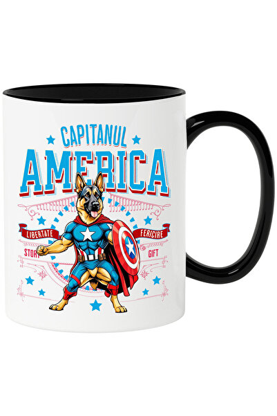 StoryGift Romania German Shepherd Dog Mug in Captain America Costume with, Black Handle