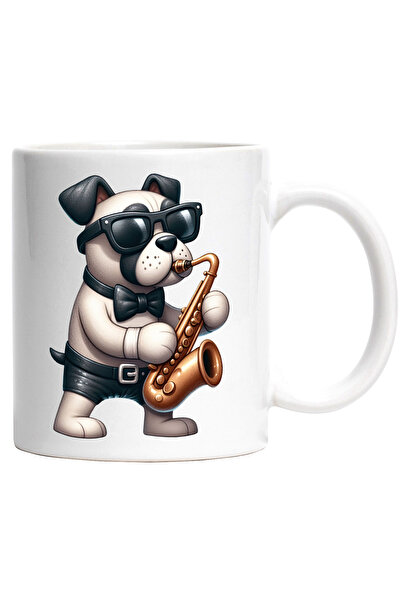 StoryGift Romania Cana cu un caine care canta la saxofon | ilustratie | ochelari | papion | instru, Cu Maner Alb