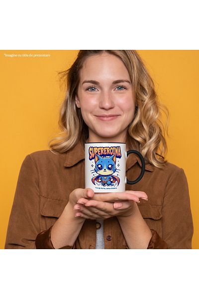 StoryGift Romania Super Heroine Mug, Superhero, Flying Cat, 330ml, Ceramic with Black Handle, With Handle, STG.