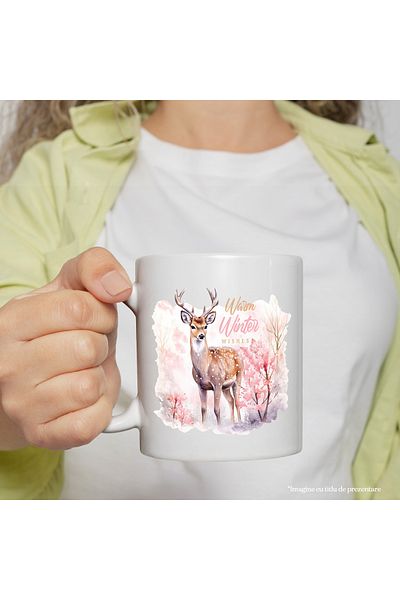 StoryGift Romania Cana cu cerb cu mesajul "Warm winter wishes", Craciun fericit, ilustratie, iarna, Cu Maner Alb