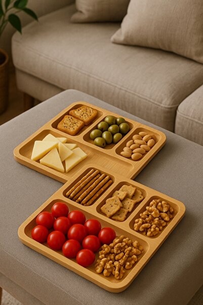 wellhome Set of 2 Bamboo Wooden Presentation Plates | Compartmentalized Serving Tray / Add Natural Elegance to Your Tables