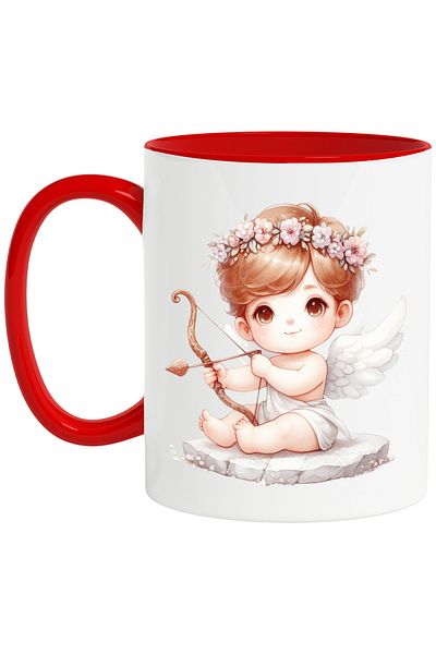 StoryGift Romania Mug with a baby Cupid, shooting a bow, illustration, wings, floral crown, With,STG