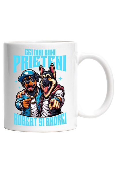 StoryGift Romania Cana cu Caine Rottweiler Si Ciobanesc German Imbratisare Text Cei Mai Buni Priet, Cu Maner Alb