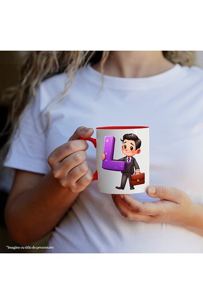 StoryGift Romania Mug with a man with a briefcase holding the letter "L" | illustration | in a suit | , With ,STG