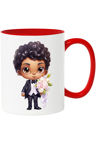 StoryGift Romania Cana cu un ginere de culoare vesel care tine un buchet cu f...