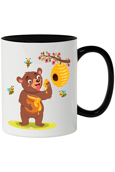 StoryGift Romania Mug With Bear, Beehive, Branch, Bees, Flowers, Jar, Honey, Leaves, Multicolor 330 , With Black Handle