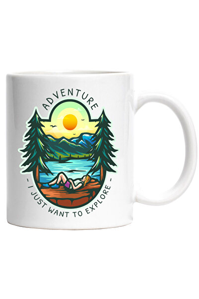 StoryGift Romania Cana Cu Mesaj In Engleza Adventure I Just Want To Explore, Munte, Apus, Lac, Bra, Cu Maner Alb