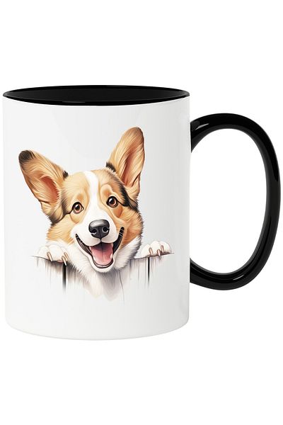 StoryGift Romania Cana cu un caine din rasa Corgi care sta atarnat pe gard | ilustratie | vrea sa , Cu Maner Negru