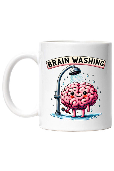 StoryGift Romania Cana cu mesajul "Brain washing", ilustratie, creier care sta sub un dus, spalare, Cu Maner Alb