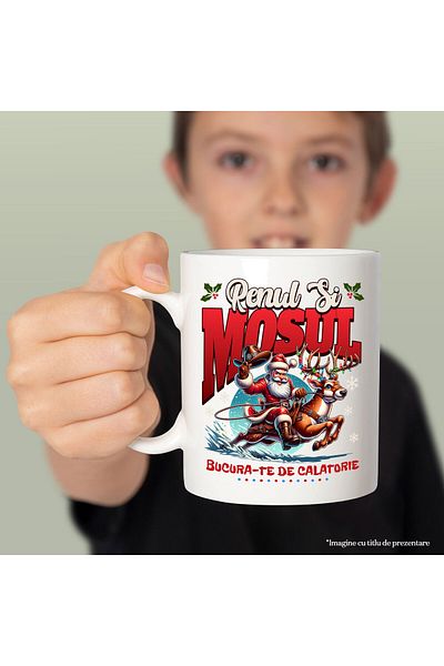 StoryGift Romania Cana cu Mos Cracin Pe Ren Impodobit Text Bucura-te de Calatorie, Cadouri, Viteza, Cu Maner Alb