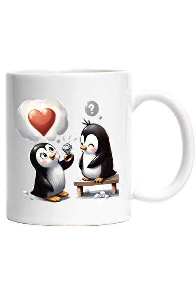 StoryGift Romania Cana cu 2 pinguini veseli | ilustratie | inel din aur cu diamant | Polul Nord | , Cu Maner Alb