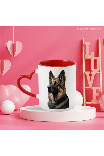 StoryGift Romania Mug with German Shepherd Puppy Image, Ceramic, 330ml, with Red Heart Handle, with Handle, STG