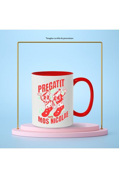 StoryGift Romania Cana pregatit pentru mos nicolae sosete pereche Craciun sarbatoare, 330ml, Ceram, Cu Maner Rosu