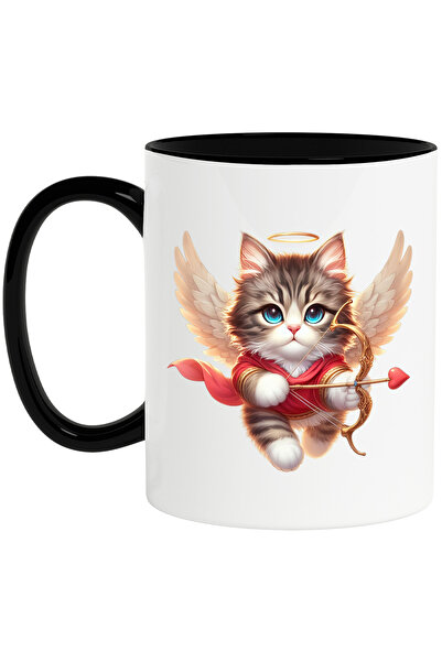 StoryGift Romania Cana cu o pisicuta Cupidon, ilustratie, aripi, trage cu arcul, Valentine's Day, , Cu Maner Negru