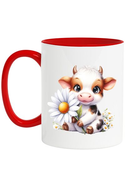 StoryGift Romania Mug with a cow holding a white flower, illustration, cheerful, happy, flower, With ,STG