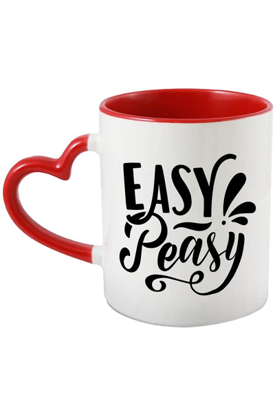 StoryGift Romania Cana cu textul in engleza "Easy-peasy" - floare la ureche cu Maner Inima Rosie, Cu Maner Inima Rosie