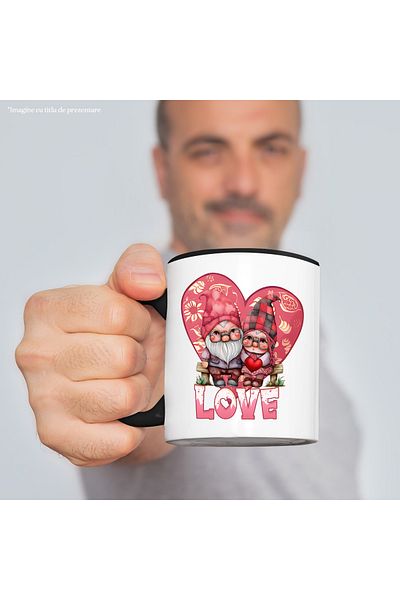 StoryGift Romania Mug with 2 dwarfs standing close together with the message "Love", heart in the background, love,, With ,STG