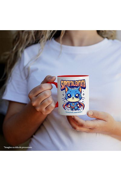 StoryGift Romania Super Talented Mug, Superhero, Flying Cat, 330ml, Ceramic with Red Handle, With Handle, STG.