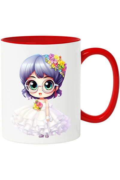 StoryGift Romania Cana cu o fata vesela la nunta | ilustratie | rochie de mireasa | buchet cu flor, Cu Maner Rosu