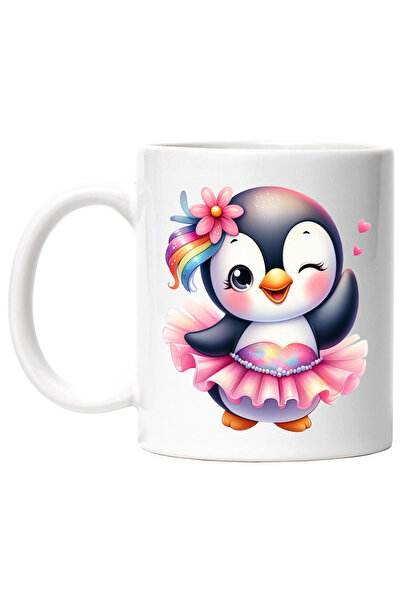 StoryGift Romania Cana cu un pinguin vesel, ilustratie, fustita, roz, inimioa...