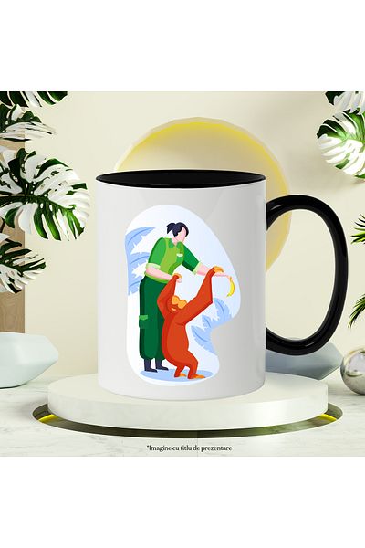 StoryGift Romania Cana Cu Banana, Ingrijitor, Maimuta, Multicolor 330 ml, Ceramica cu Maner Negru, Cu Maner Negru
