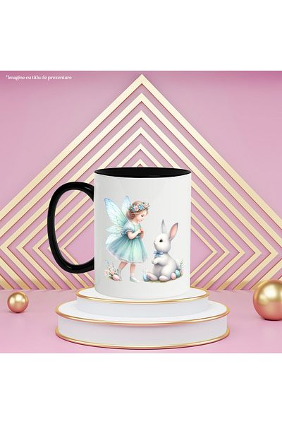 StoryGift Romania Cana cu o fetita grijulie care sta langa un iepuras | ilustratie | aripi de zana, Cu Maner Negru