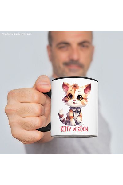 StoryGift Romania Cana cu pisicuta vesela cu mesajul "Kitty wisdom", ilustratie, intelepciune, int, Cu Maner Negru