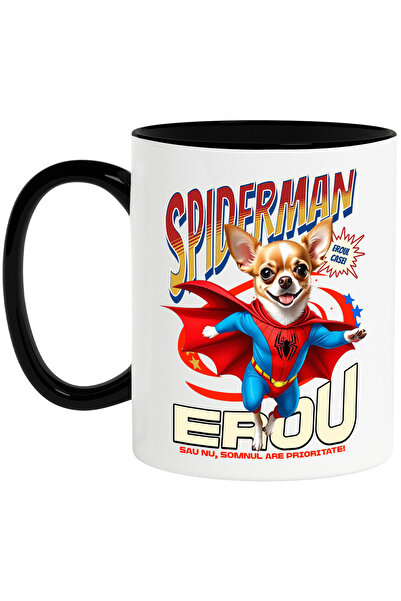 StoryGift Romania Cana cu Chihuahua Caine In Costum de SpiderMan cu Pelerina, Erou Nocturn, Desene, Cu Maner Negru