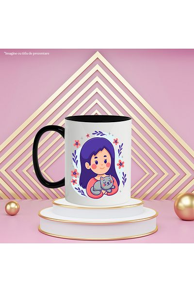 StoryGift Romania Cat Mug, Face, Flowers, Stars, Leaves, Sweatshirt, Animal Lovers, Multicolor, With Black Handle