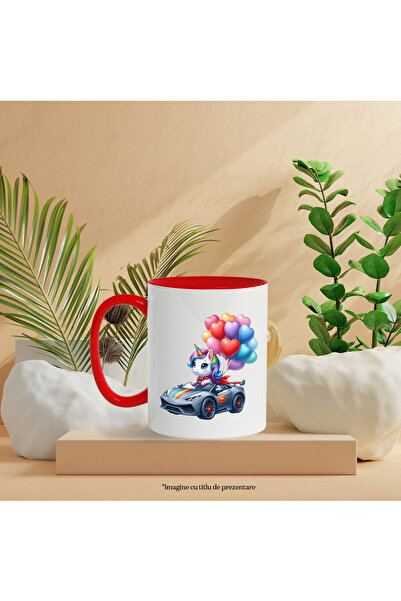 StoryGift Romania Mug with a unicorn driving a Lamborghini | illustration | lots of balloons, With ,STG