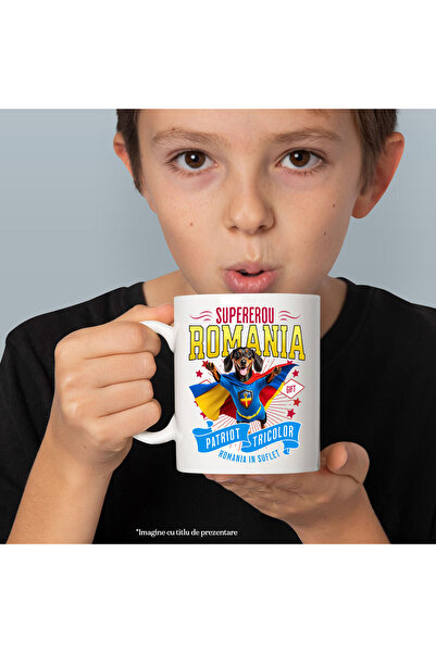 StoryGift Romania Mug with Dachshund Dog in Captain Romania Costume with Cape, Hero, with White Handle
