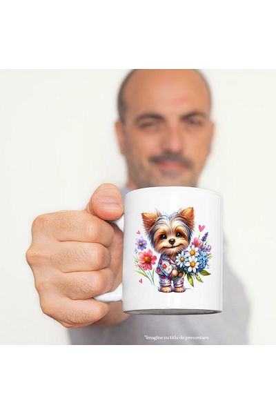 StoryGift Romania Cana cu un catel care tine un buchet cu flori | ilustratie | inimi | cadou pentr, Cu Maner Alb