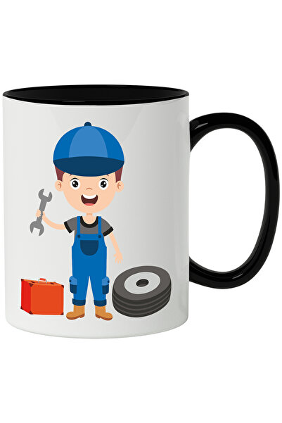 StoryGift Romania Cana Cu Mecanic Auto, Roata, Trusa, Unelte, Cheie, Salopeta, Multicolor 330 ml, , Cu Maner Negru